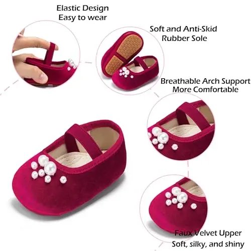 PHIRAMIN Baby Girls Mary Jane Flats - Infant Newborn Walking Shoes Soft Rubber Sole Princess Wedding - 5