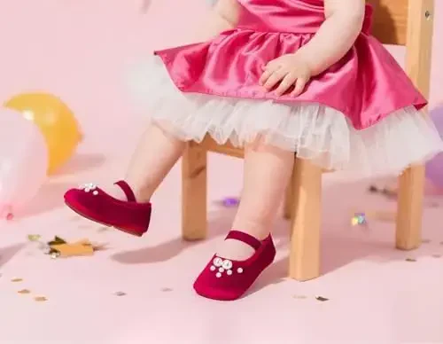 PHIRAMIN Baby Girls Mary Jane Flats - Infant Newborn Walking Shoes Soft Rubber Sole Princess Wedding - 2