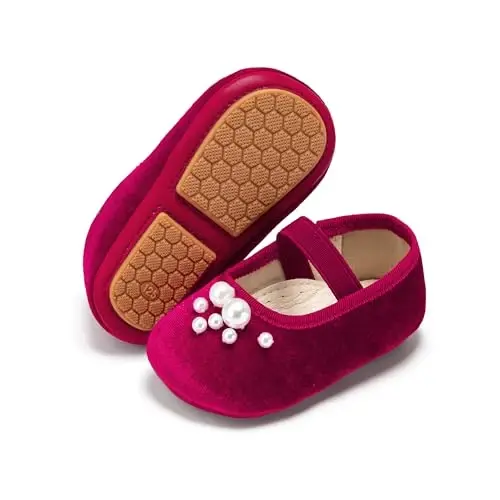 PHIRAMIN Baby Girls Mary Jane Flats - Infant Newborn Walking Shoes Soft Rubber Sole Princess Wedding - 1
