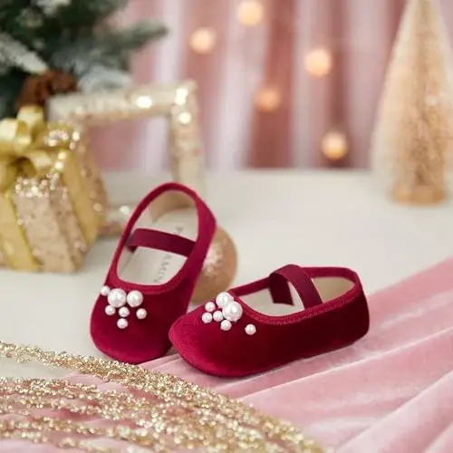 PHIRAMIN Baby Girls Mary Jane Flats - Infant Newborn Walking Shoes Soft Rubber Sole Princess Wedding - 3