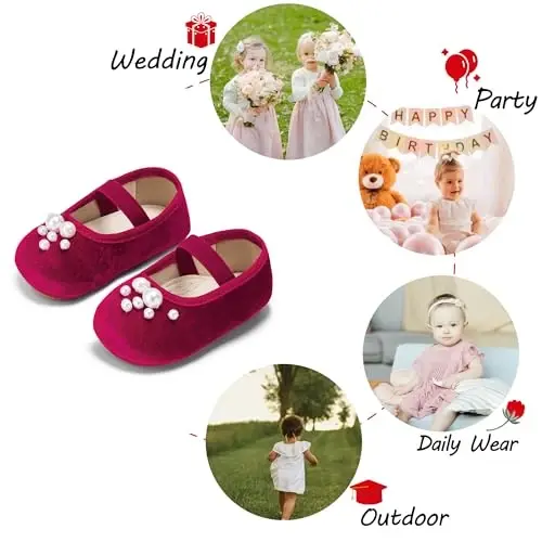 PHIRAMIN Baby Girls Mary Jane Flats - Infant Newborn Walking Shoes Soft Rubber Sole Princess Wedding - 4
