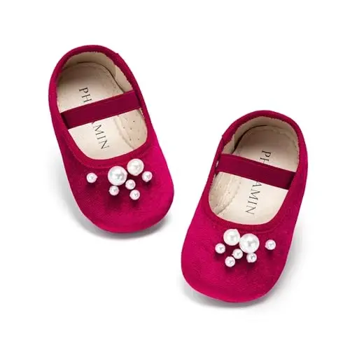 PHIRAMIN Baby Girls Mary Jane Flats - Infant Newborn Walking Shoes Soft Rubber Sole Princess Wedding - 6