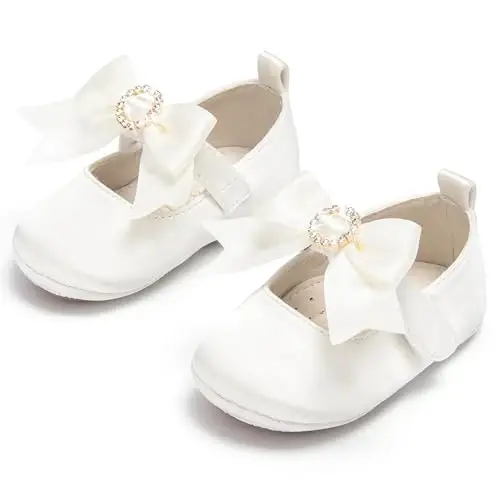 PHIRAMIN Baby Girls Mary Jane Flats - Infant Newborn Walking Shoes Soft Rubber Sole Princess Wedding - 3