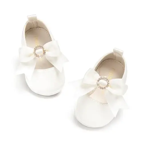 PHIRAMIN Baby Girls Mary Jane Flats - Infant Newborn Walking Shoes Soft Rubber Sole Princess Wedding - 6