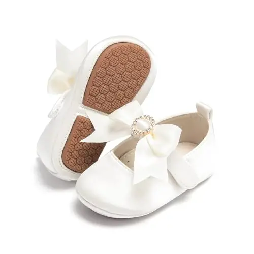 PHIRAMIN Baby Girls Mary Jane Flats - Infant Newborn Walking Shoes Soft Rubber Sole Princess Wedding 