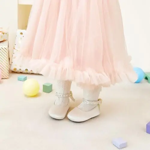 PHIRAMIN Baby Girls Mary Jane Flats - Infant Newborn Walking Shoes Soft Rubber Sole Princess Wedding - PHIRAMIN (1)