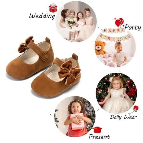 PHIRAMIN Baby Girls Mary Jane Flats - Infant Newborn Walking Shoes Soft Rubber Sole Princess Wedding - 4