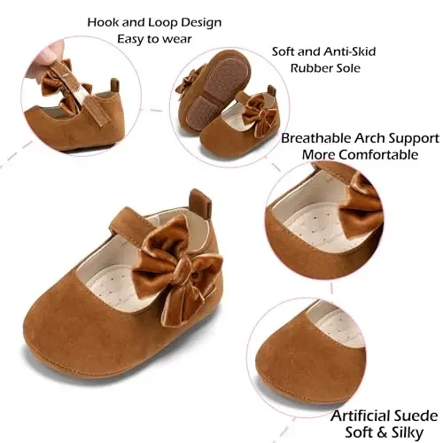 PHIRAMIN Baby Girls Mary Jane Flats - Infant Newborn Walking Shoes Soft Rubber Sole Princess Wedding - 5