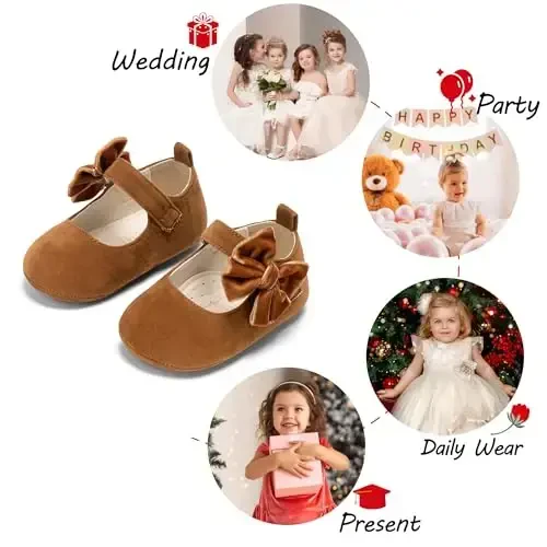 PHIRAMIN Baby Girls Mary Jane Flats - Infant Newborn Walking Shoes Soft Rubber Sole Princess Wedding - 4