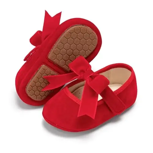PHIRAMIN Baby Girls Mary Jane Flats - Infant Newborn Walking Shoes Soft Rubber Sole Princess Wedding - 1