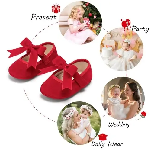 PHIRAMIN Baby Girls Mary Jane Flats - Infant Newborn Walking Shoes Soft Rubber Sole Princess Wedding - 4