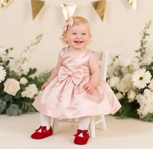 PHIRAMIN Baby Girls Mary Jane Flats - Infant Newborn Walking Shoes Soft Rubber Sole Princess Wedding - PHIRAMIN (1)