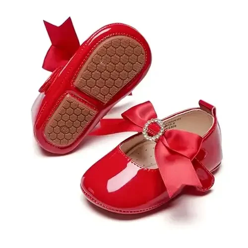 PHIRAMIN Baby Girls Mary Jane Flats - Infant Newborn Walking Shoes Soft Rubber Sole Princess Wedding 