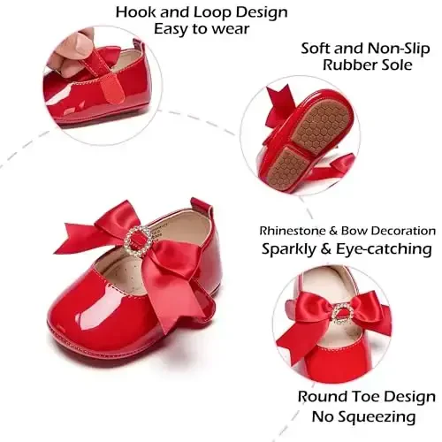 PHIRAMIN Baby Girls Mary Jane Flats - Infant Newborn Walking Shoes Soft Rubber Sole Princess Wedding - 5