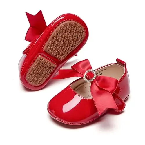 PHIRAMIN Baby Girls Mary Jane Flats - Infant Newborn Walking Shoes Soft Rubber Sole Princess Wedding - 1