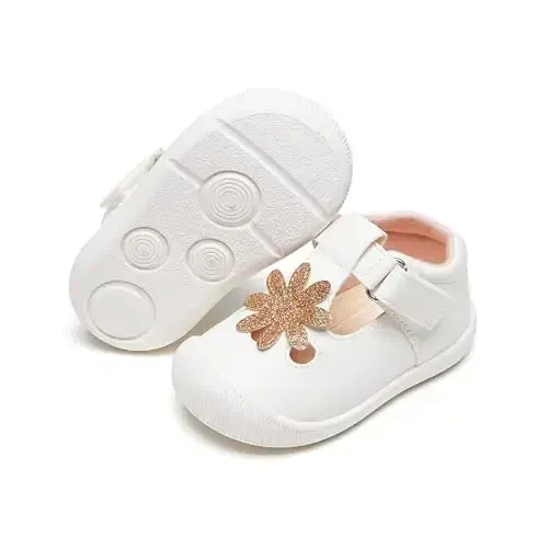 PHIRAMIN Baby Girls Mary Jane Flats - Infant Newborn Walking Shoes Soft Rubber Sole Princess Wedding - 1