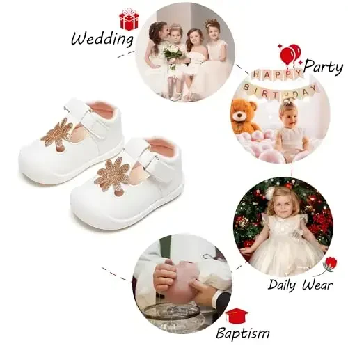 PHIRAMIN Baby Girls Mary Jane Flats - Infant Newborn Walking Shoes Soft Rubber Sole Princess Wedding - 4