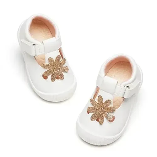 PHIRAMIN Baby Girls Mary Jane Flats - Infant Newborn Walking Shoes Soft Rubber Sole Princess Wedding - 7