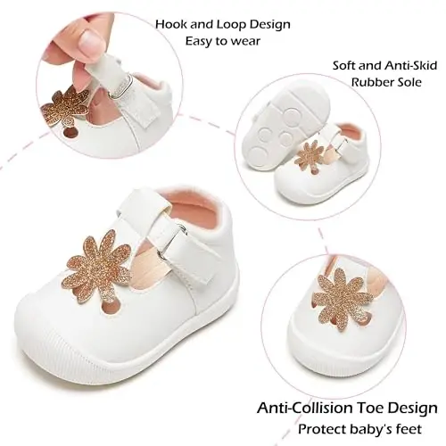 PHIRAMIN Baby Girls Mary Jane Flats - Infant Newborn Walking Shoes Soft Rubber Sole Princess Wedding - 5