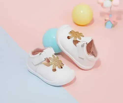 PHIRAMIN Baby Girls Mary Jane Flats - Infant Newborn Walking Shoes Soft Rubber Sole Princess Wedding - 3