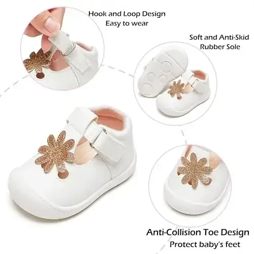 PHIRAMIN Baby Girls Mary Jane Flats - Infant Newborn Walking Shoes Soft Rubber Sole Princess Wedding - 5