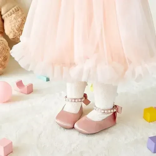PHIRAMIN Baby Girls Mary Jane Flats - Infant Newborn Walking Shoes Soft Rubber Sole Princess Wedding - 2