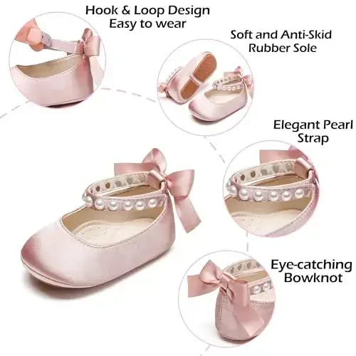 PHIRAMIN Baby Girls Mary Jane Flats - Infant Newborn Walking Shoes Soft Rubber Sole Princess Wedding - 5