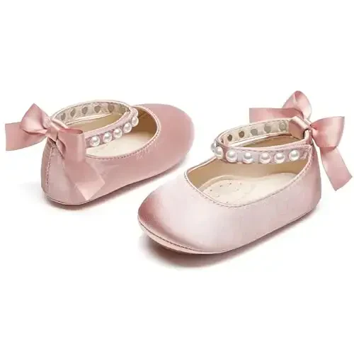 PHIRAMIN Baby Girls Mary Jane Flats - Infant Newborn Walking Shoes Soft Rubber Sole Princess Wedding - 6