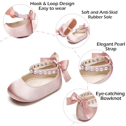 PHIRAMIN Baby Girls Mary Jane Flats - Infant Newborn Walking Shoes Soft Rubber Sole Princess Wedding - 5