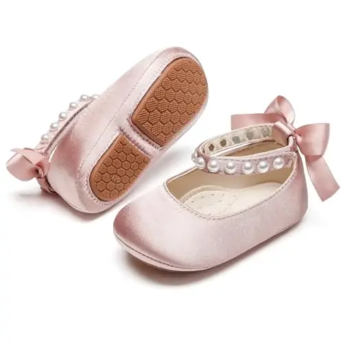 PHIRAMIN Baby Girls Mary Jane Flats - Infant Newborn Walking Shoes Soft Rubber Sole Princess Wedding - 1