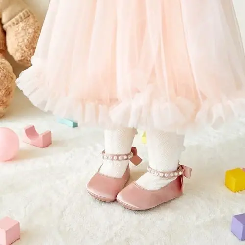 PHIRAMIN Baby Girls Mary Jane Flats - Infant Newborn Walking Shoes Soft Rubber Sole Princess Wedding - PHIRAMIN (1)