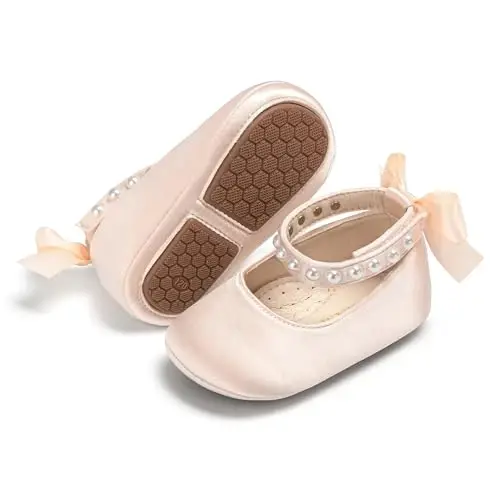 PHIRAMIN Baby Girls Mary Jane Flats - Infant Newborn Walking Shoes Soft Rubber Sole Princess Wedding 