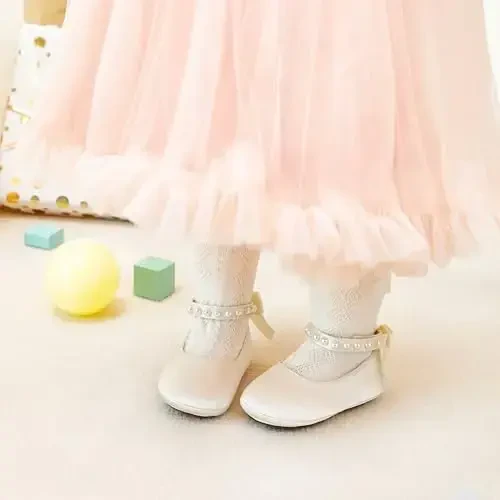 PHIRAMIN Baby Girls Mary Jane Flats - Infant Newborn Walking Shoes Soft Rubber Sole Princess Wedding - 3