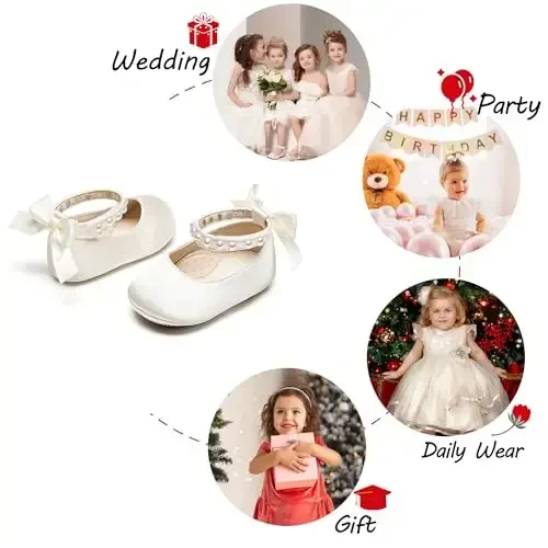 PHIRAMIN Baby Girls Mary Jane Flats - Infant Newborn Walking Shoes Soft Rubber Sole Princess Wedding - 4