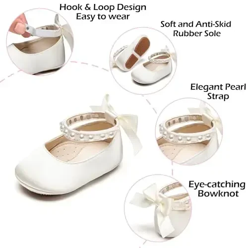 PHIRAMIN Baby Girls Mary Jane Flats - Infant Newborn Walking Shoes Soft Rubber Sole Princess Wedding - 5