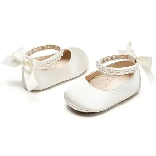 PHIRAMIN Baby Girls Mary Jane Flats - Infant Newborn Walking Shoes Soft Rubber Sole Princess Wedding - 6