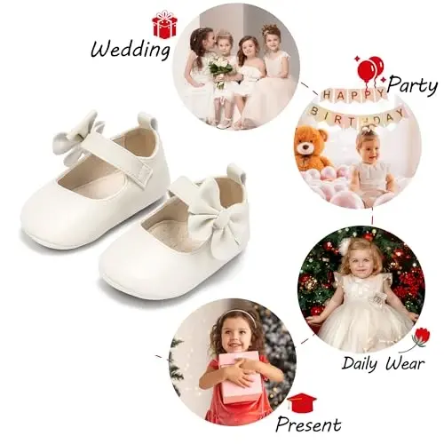 PHIRAMIN Baby Girls Mary Jane Flats - Infant Newborn Walking Shoes Soft Rubber Sole Princess Wedding - 4