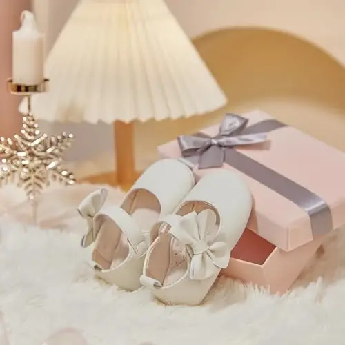 PHIRAMIN Baby Girls Mary Jane Flats - Infant Newborn Walking Shoes Soft Rubber Sole Princess Wedding - PHIRAMIN (1)
