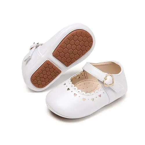 PHIRAMIN Baby Girls Mary Jane Flats - Infant Newborn Walking Shoes Soft Rubber Sole Princess Wedding 