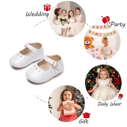 PHIRAMIN Baby Girls Mary Jane Flats - Infant Newborn Walking Shoes Soft Rubber Sole Princess Wedding - 4