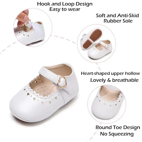 PHIRAMIN Baby Girls Mary Jane Flats - Infant Newborn Walking Shoes Soft Rubber Sole Princess Wedding - 5