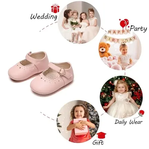 PHIRAMIN Baby Girls Mary Jane Flats - Infant Newborn Walking Shoes Soft Rubber Sole Princess Wedding - 11