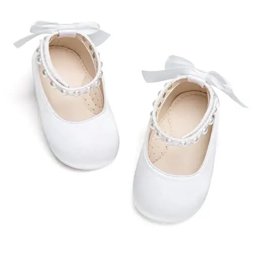 PHIRAMIN Baby Girls Mary Jane Flats - Infant Newborn Walking Shoes Soft Rubber Sole Princess Wedding - 3