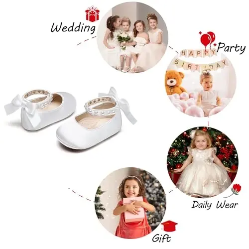 PHIRAMIN Baby Girls Mary Jane Flats - Infant Newborn Walking Shoes Soft Rubber Sole Princess Wedding - 4