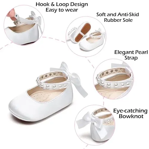 PHIRAMIN Baby Girls Mary Jane Flats - Infant Newborn Walking Shoes Soft Rubber Sole Princess Wedding - 5