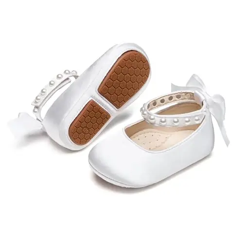 PHIRAMIN Baby Girls Mary Jane Flats - Infant Newborn Walking Shoes Soft Rubber Sole Princess Wedding 