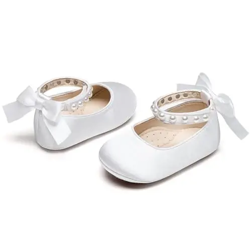 PHIRAMIN Baby Girls Mary Jane Flats - Infant Newborn Walking Shoes Soft Rubber Sole Princess Wedding - PHIRAMIN (1)