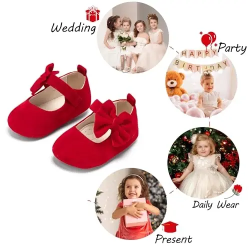 PHIRAMIN Baby Girls Mary Jane Flats - Infant Newborn Walking Shoes Soft Rubber Sole Princess Wedding - 4