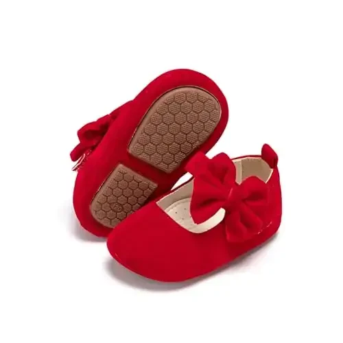 PHIRAMIN Baby Girls Mary Jane Flats - Infant Newborn Walking Shoes Soft Rubber Sole Princess Wedding - 1