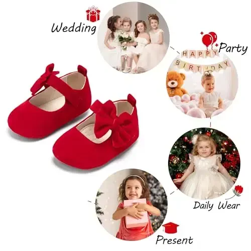 PHIRAMIN Baby Girls Mary Jane Flats - Infant Newborn Walking Shoes Soft Rubber Sole Princess Wedding - 4